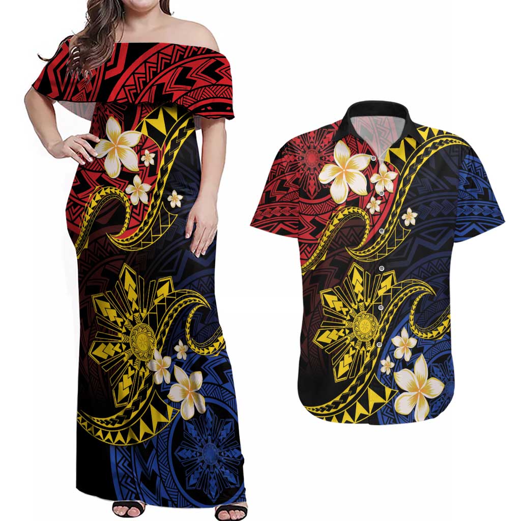 Philippines Spirit Tribal Sun Plumeria Couples Matching Off Shoulder Maxi Dress and Hawaiian Shirt Red And Blue Polynesian Pattern