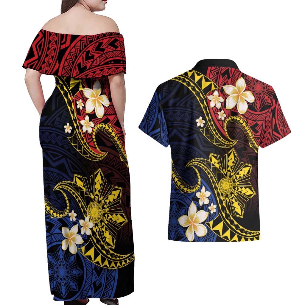 Philippines Spirit Tribal Sun Plumeria Couples Matching Off Shoulder Maxi Dress and Hawaiian Shirt Red And Blue Polynesian Pattern
