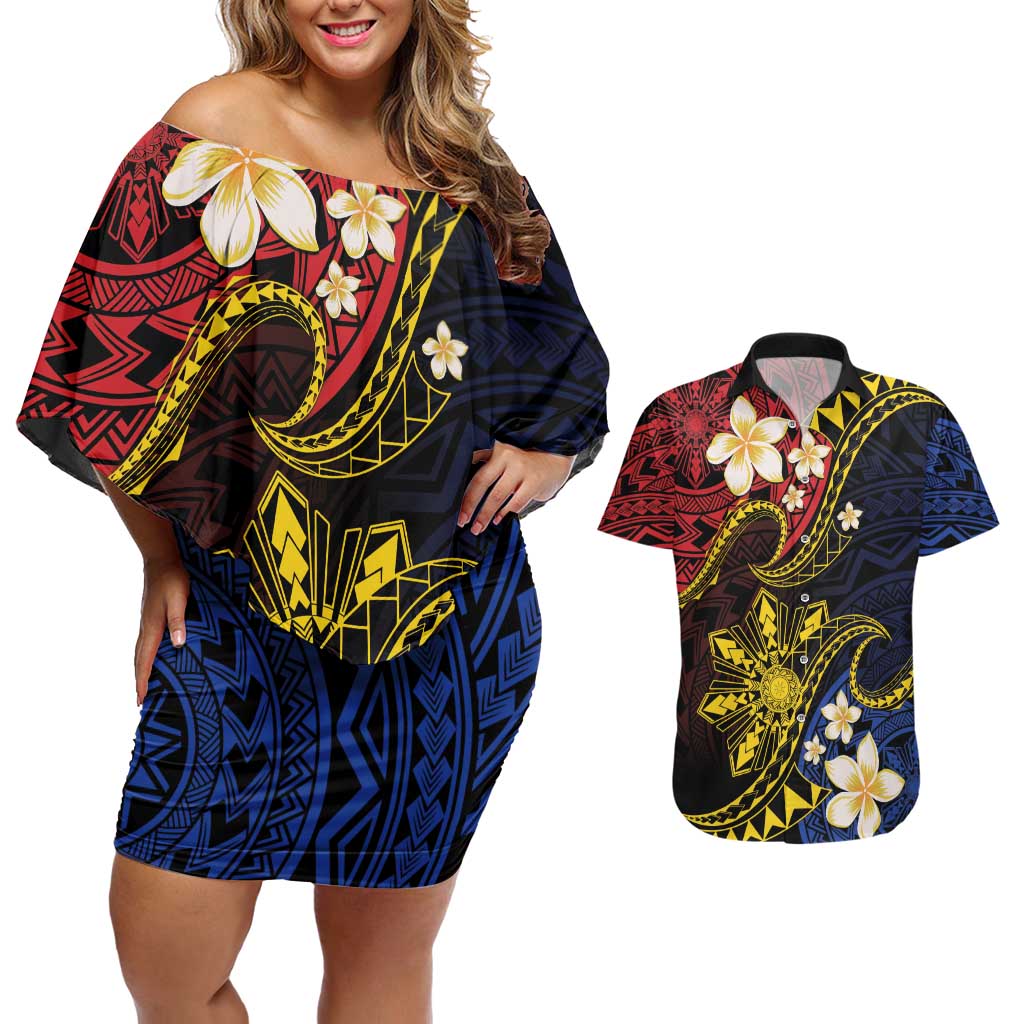 Philippines Spirit Tribal Sun Plumeria Couples Matching Off Shoulder Short Dress and Hawaiian Shirt Red And Blue Polynesian Pattern