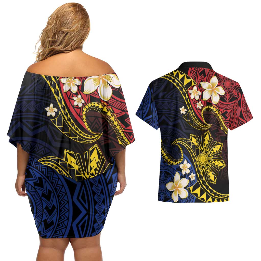 Philippines Spirit Tribal Sun Plumeria Couples Matching Off Shoulder Short Dress and Hawaiian Shirt Red And Blue Polynesian Pattern