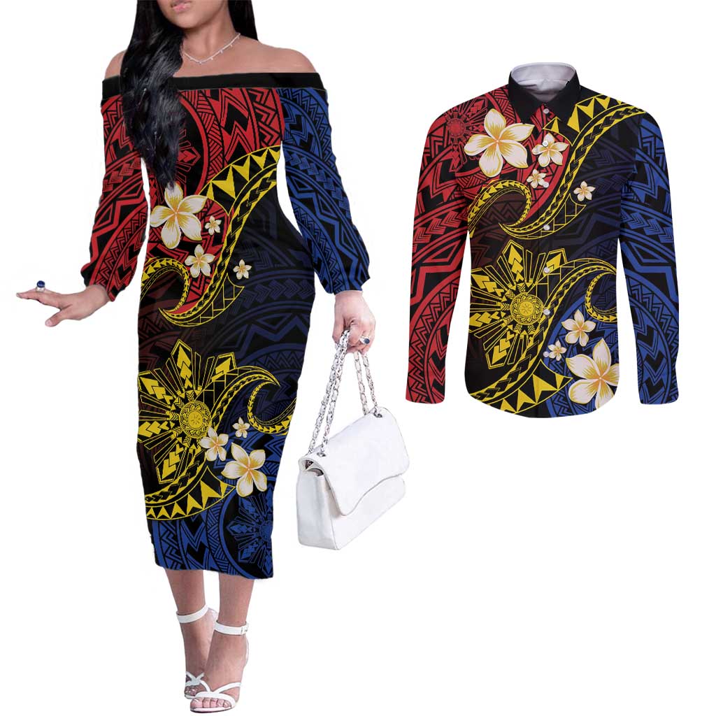 Philippines Spirit Tribal Sun Plumeria Couples Matching Off The Shoulder Long Sleeve Dress and Long Sleeve Button Shirt Red And Blue Polynesian Pattern
