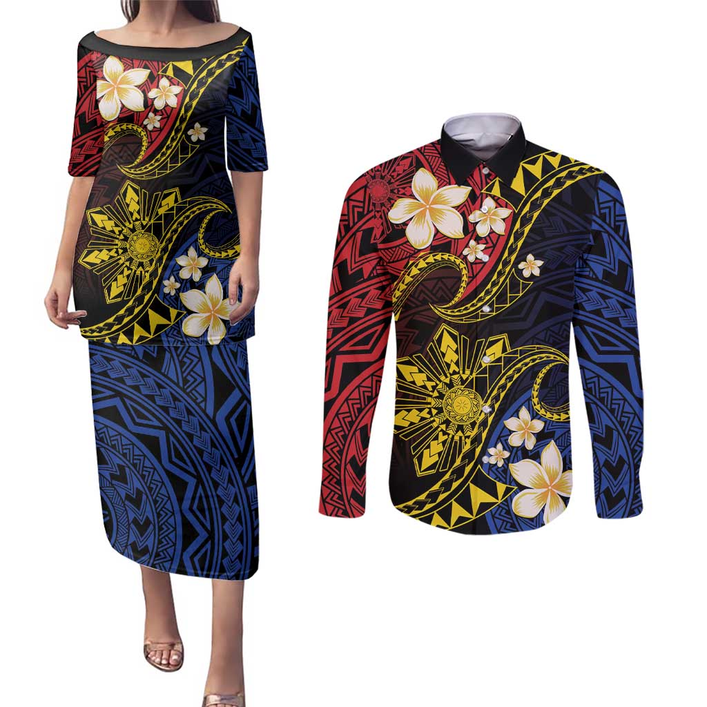 Philippines Spirit Tribal Sun Plumeria Couples Matching Puletasi and Long Sleeve Button Shirt Red And Blue Polynesian Pattern