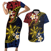 Philippines Spirit Tribal Sun Plumeria Couples Matching Short Sleeve Bodycon Dress and Hawaiian Shirt Red And Blue Polynesian Pattern