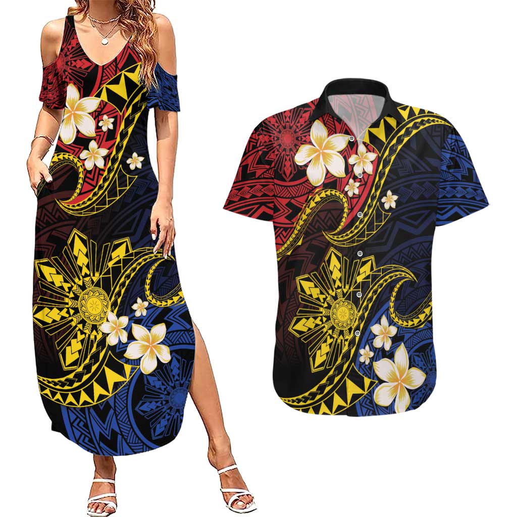 Philippines Spirit Tribal Sun Plumeria Couples Matching Summer Maxi Dress and Hawaiian Shirt Red And Blue Polynesian Pattern