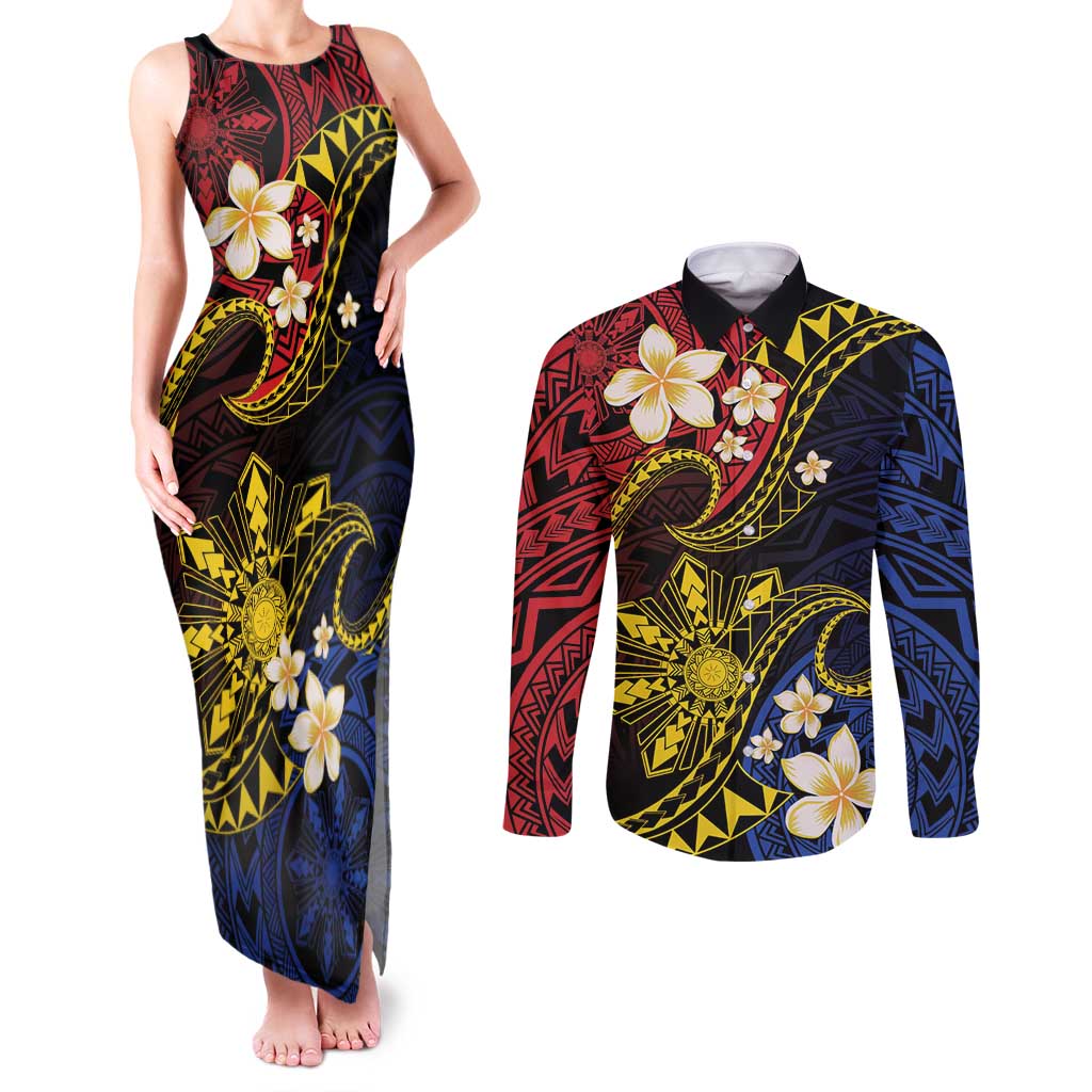 Philippines Spirit Tribal Sun Plumeria Couples Matching Tank Maxi Dress and Long Sleeve Button Shirt Red And Blue Polynesian Pattern