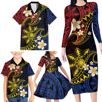 Philippines Spirit Tribal Sun Plumeria Family Matching Long Sleeve Bodycon Dress and Hawaiian Shirt Red And Blue Polynesian Pattern
