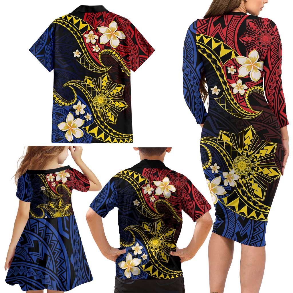 Philippines Spirit Tribal Sun Plumeria Family Matching Long Sleeve Bodycon Dress and Hawaiian Shirt Red And Blue Polynesian Pattern