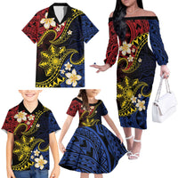 Philippines Spirit Tribal Sun Plumeria Family Matching Off The Shoulder Long Sleeve Dress and Hawaiian Shirt Red And Blue Polynesian Pattern