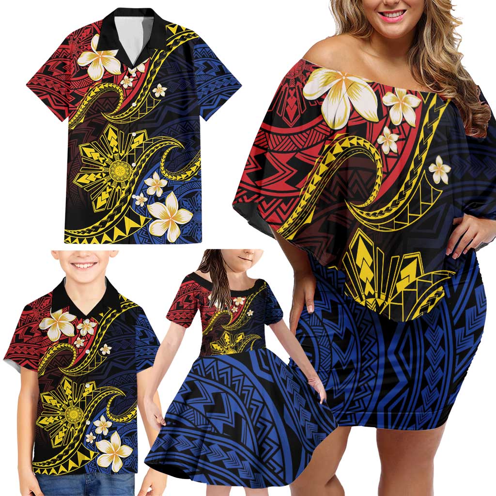 Philippines Spirit Tribal Sun Plumeria Family Matching Off Shoulder Short Dress and Hawaiian Shirt Red And Blue Polynesian Pattern