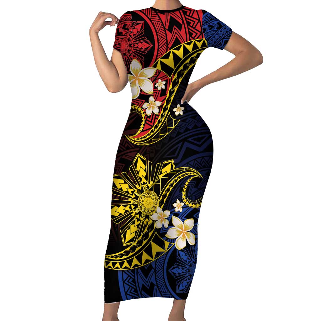 Philippines Spirit Tribal Sun Plumeria Family Matching Short Sleeve Bodycon Dress and Hawaiian Shirt Red And Blue Polynesian Pattern