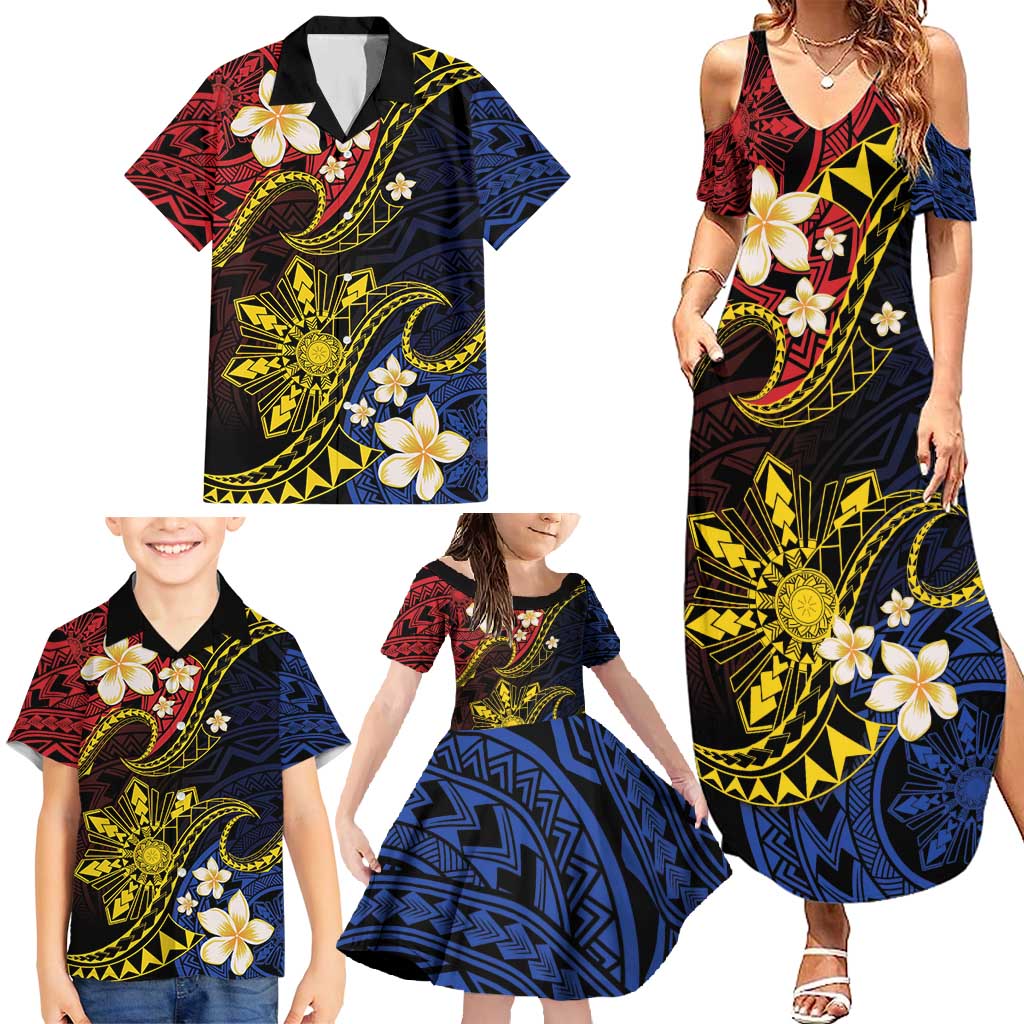 Philippines Spirit Tribal Sun Plumeria Family Matching Summer Maxi Dress and Hawaiian Shirt Red And Blue Polynesian Pattern