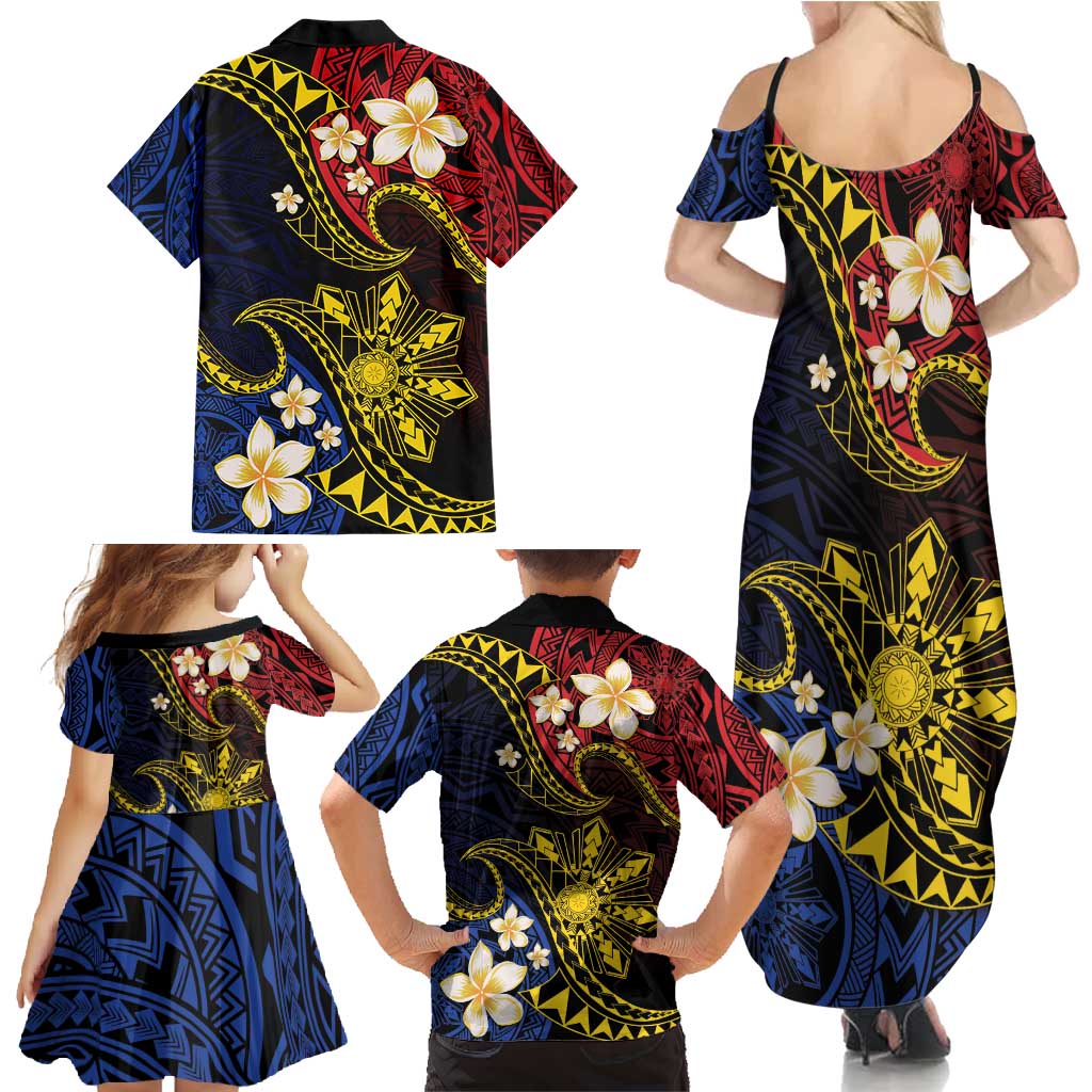 Philippines Spirit Tribal Sun Plumeria Family Matching Summer Maxi Dress and Hawaiian Shirt Red And Blue Polynesian Pattern