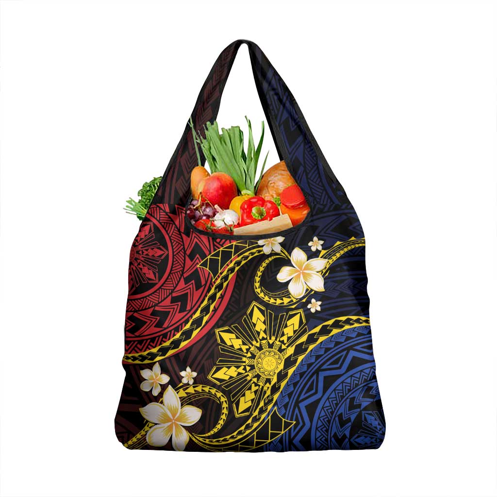 Philippines Spirit Tribal Sun Plumeria Grocery Bag Red And Blue Polynesian Pattern