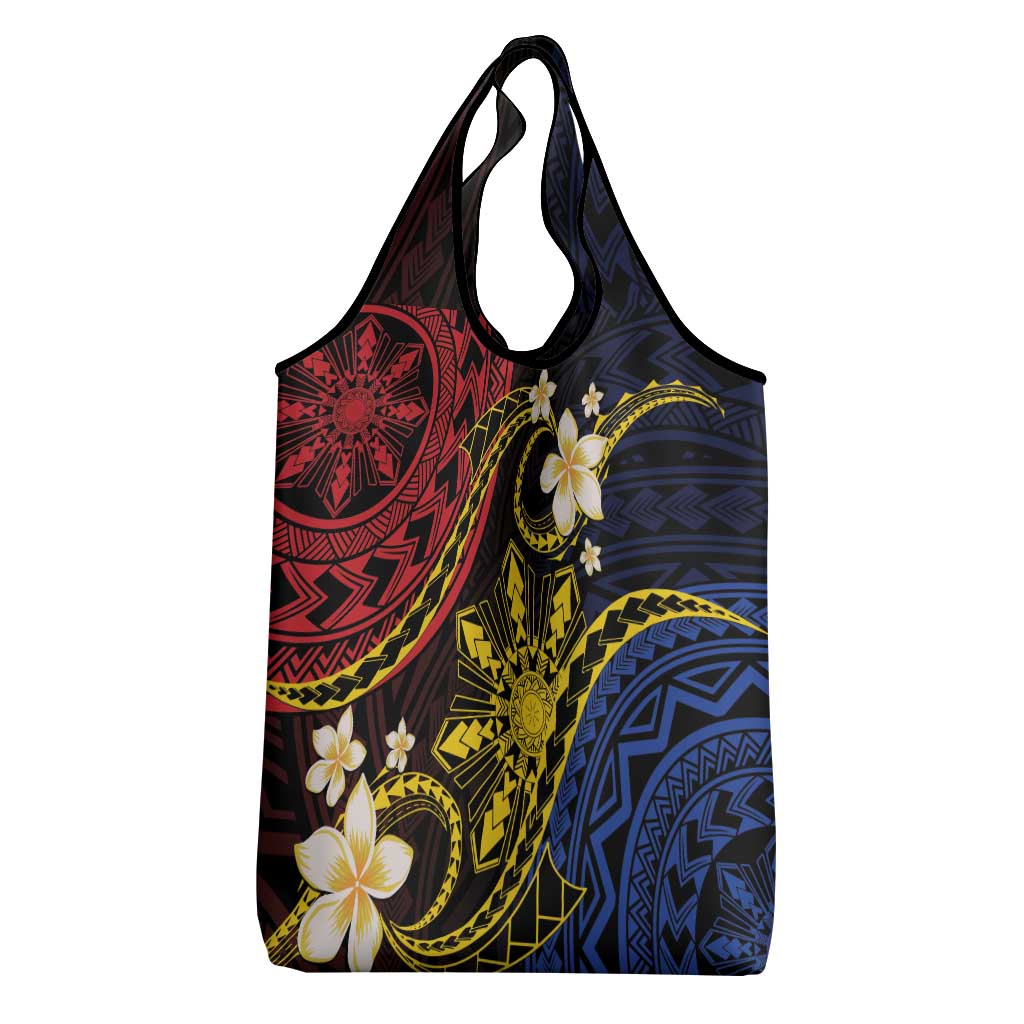 Philippines Spirit Tribal Sun Plumeria Grocery Bag Red And Blue Polynesian Pattern