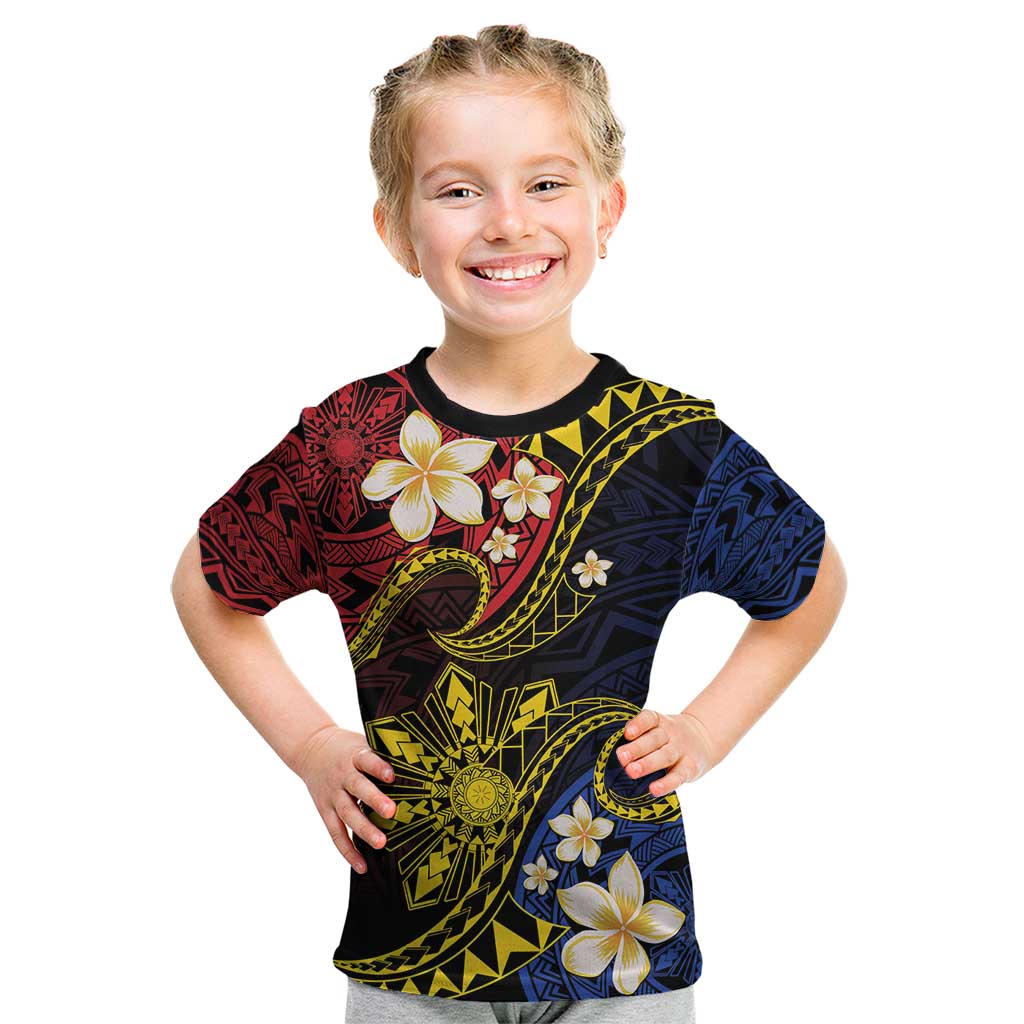 Philippines Spirit Tribal Sun Plumeria Kid T Shirt Red And Blue Polynesian Pattern