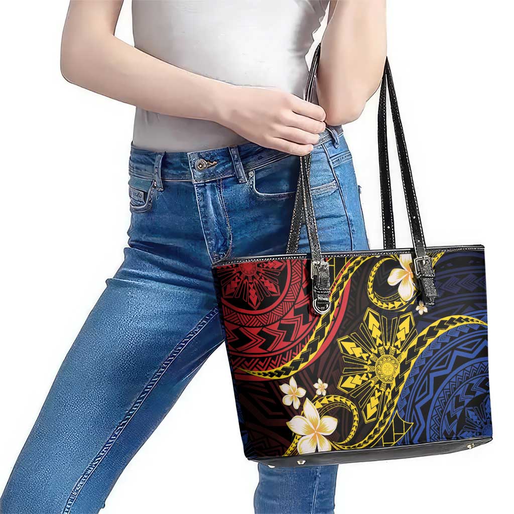Philippines Spirit Tribal Sun Plumeria Leather Tote Bag Red And Blue Polynesian Pattern