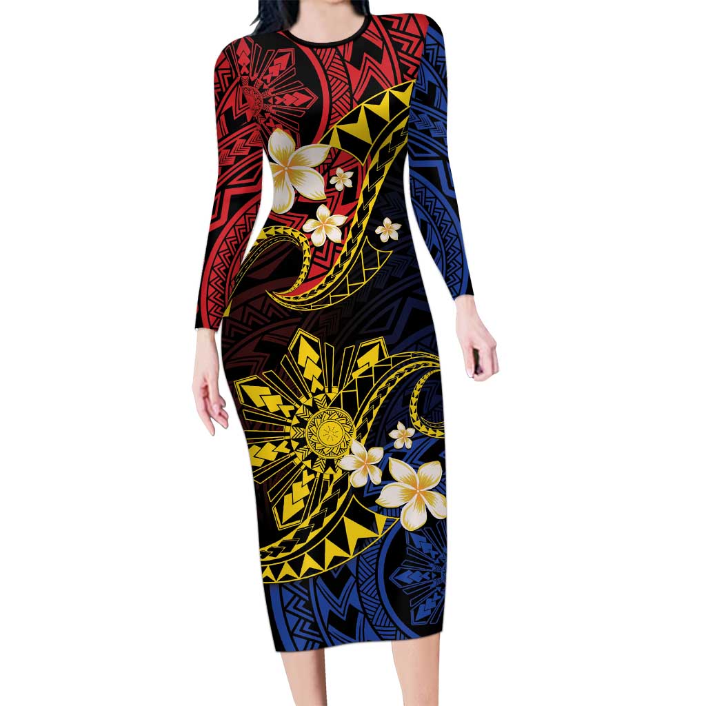 Philippines Spirit Tribal Sun Plumeria Long Sleeve Bodycon Dress Red And Blue Polynesian Pattern LT01 Long Dress Black - Polynesian Pride