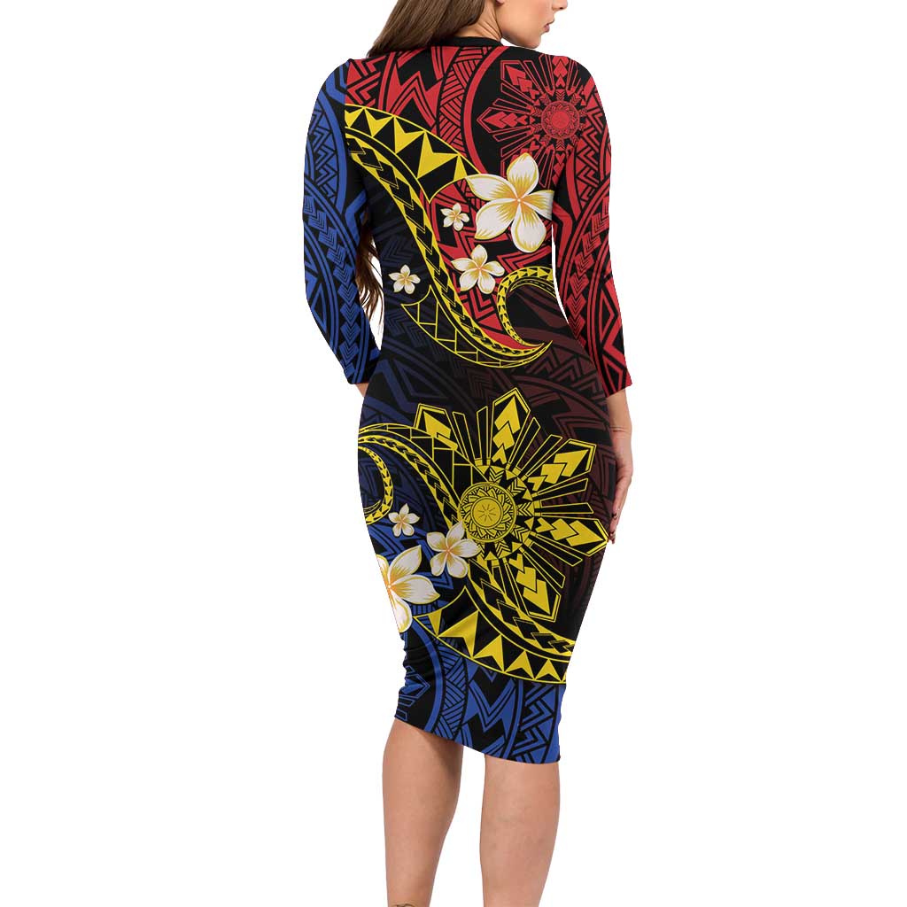 Philippines Spirit Tribal Sun Plumeria Long Sleeve Bodycon Dress Red And Blue Polynesian Pattern LT01 - Polynesian Pride