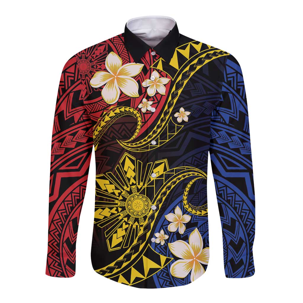 Philippines Spirit Tribal Sun Plumeria Long Sleeve Button Shirt Red And Blue Polynesian Pattern