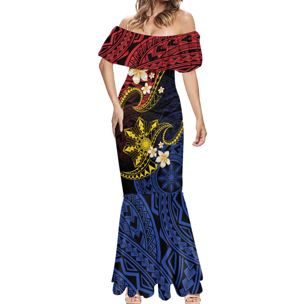 Philippines Spirit Tribal Sun Plumeria Mermaid Dress Red And Blue Polynesian Pattern