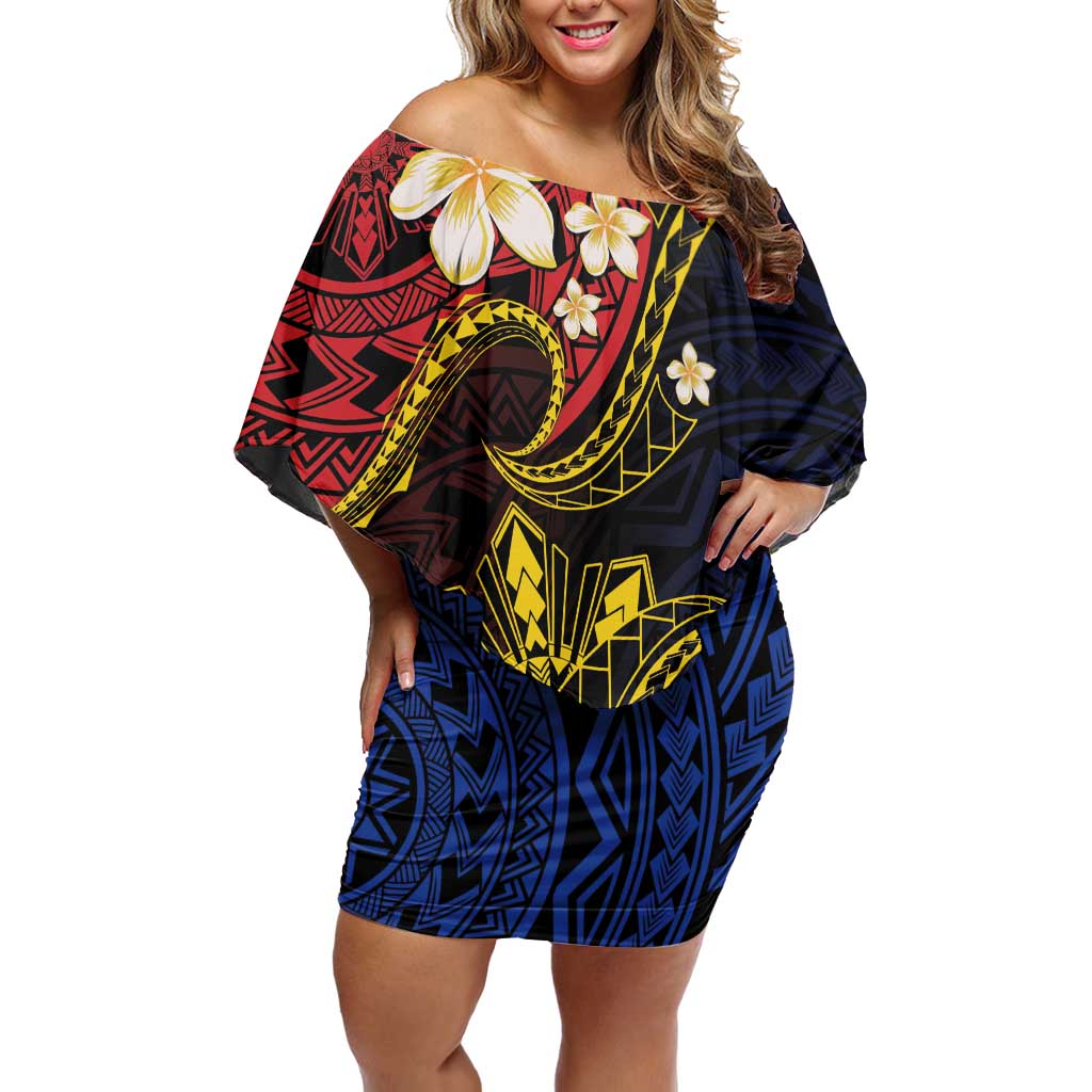 Philippines Spirit Tribal Sun Plumeria Off Shoulder Short Dress Red And Blue Polynesian Pattern