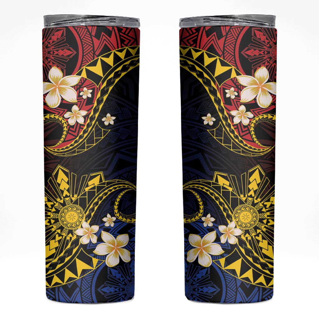 Philippines Spirit Tribal Sun Plumeria Skinny Tumbler Red And Blue Polynesian Pattern