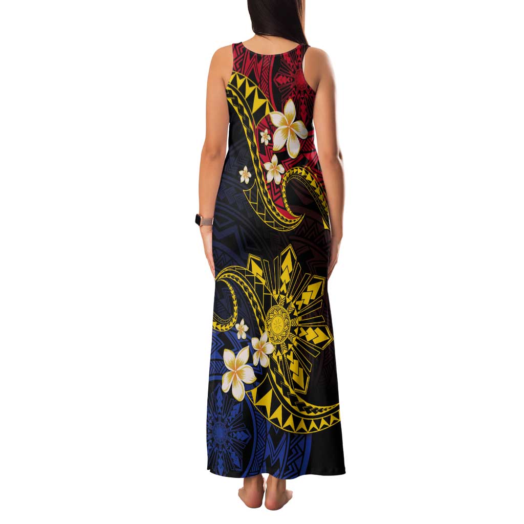 Philippines Spirit Tribal Sun Plumeria Tank Maxi Dress Red And Blue Polynesian Pattern
