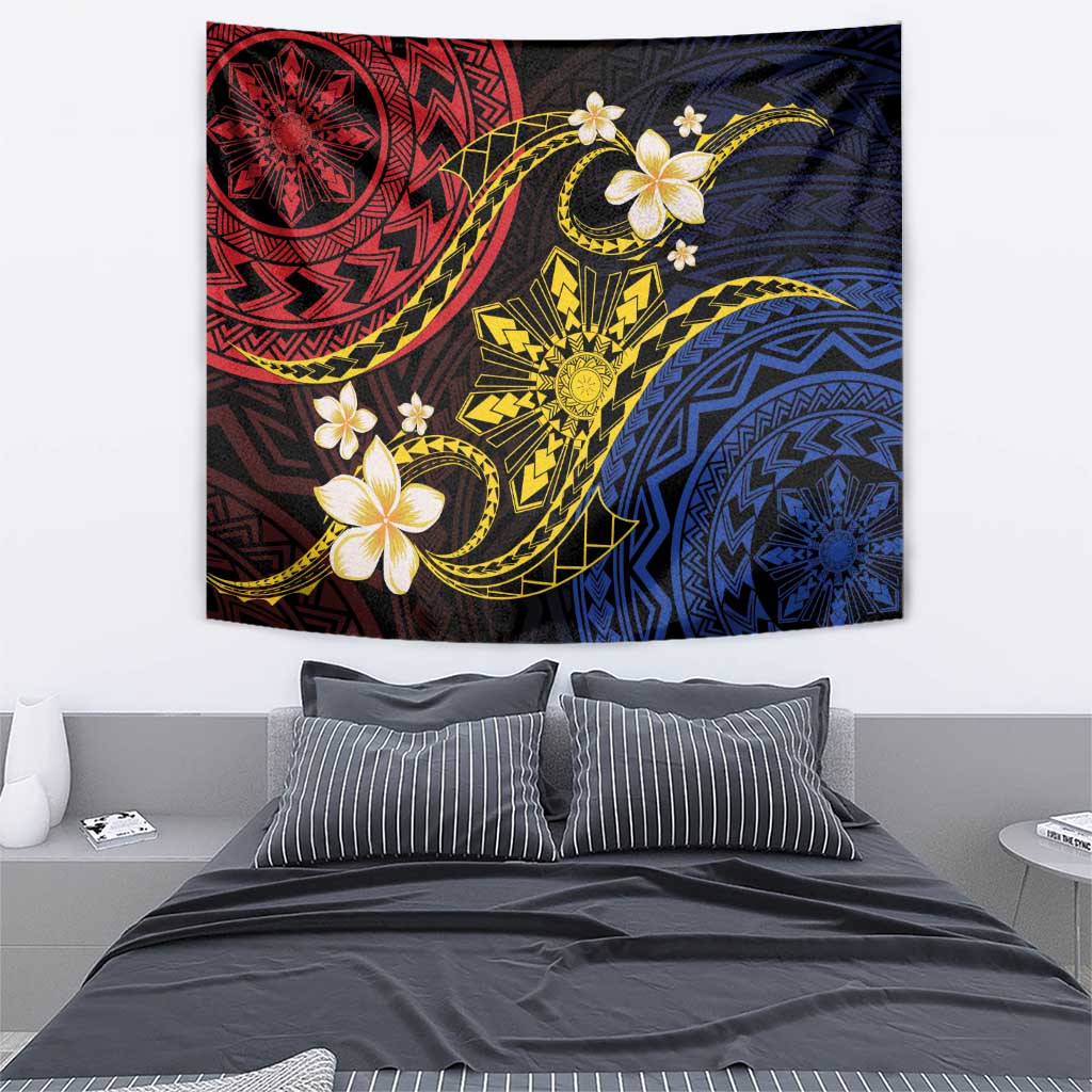 Philippines Spirit Tribal Sun Plumeria Tapestry Red And Blue Polynesian Pattern