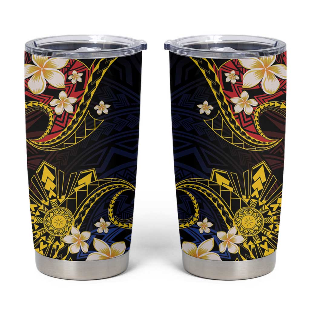 Philippines Spirit Tribal Sun Plumeria Tumbler Cup Red And Blue Polynesian Pattern
