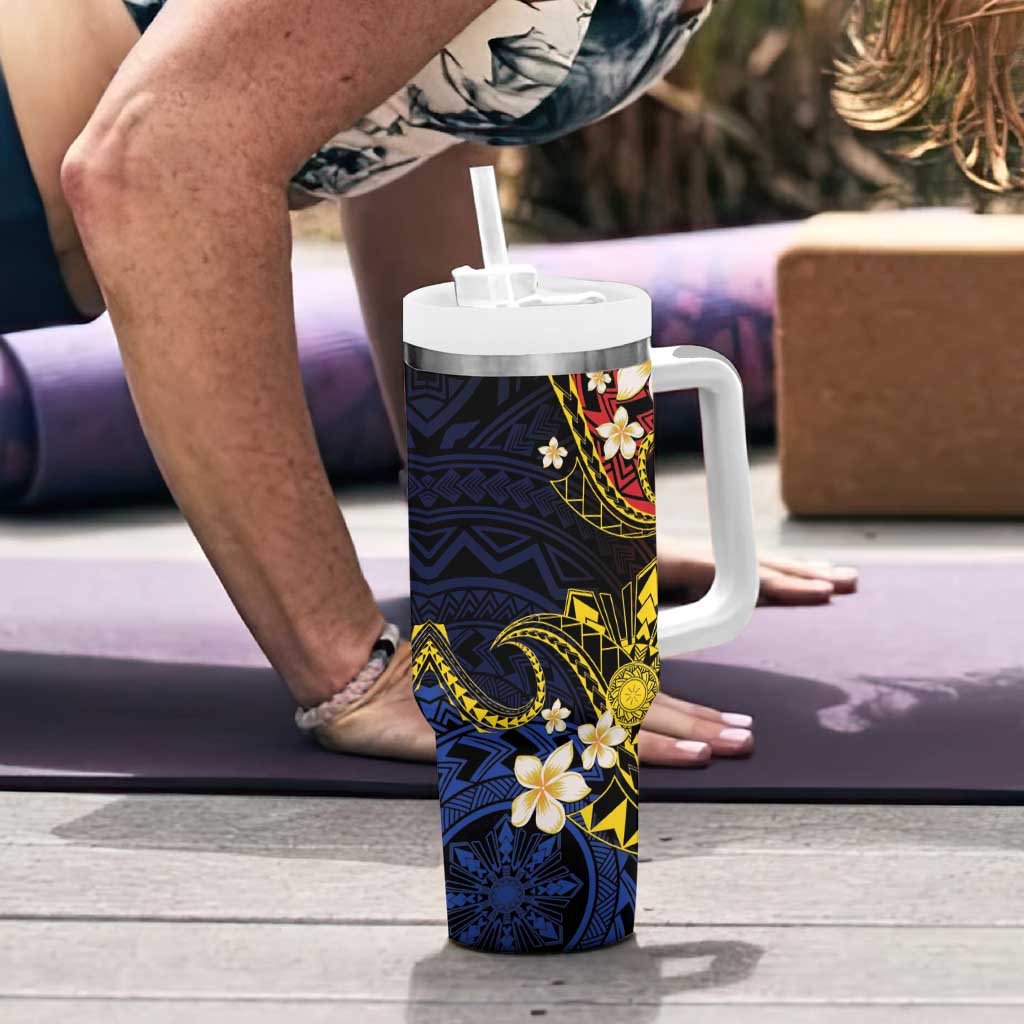 Philippines Spirit Tribal Sun Plumeria Tumbler With Handle Red And Blue Polynesian Pattern