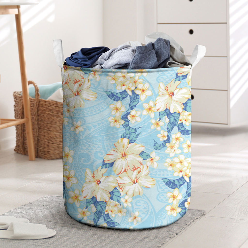 Hawaii Hibiscus Plumeria Blue Laundry Basket Polynesian Pattern
