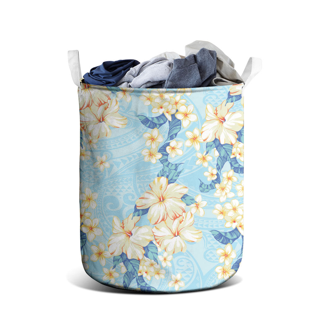 Hawaii Hibiscus Plumeria Blue Laundry Basket Polynesian Pattern
