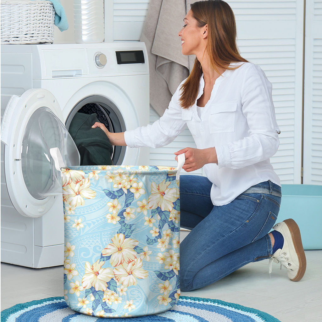 Hawaii Hibiscus Plumeria Blue Laundry Basket Polynesian Pattern