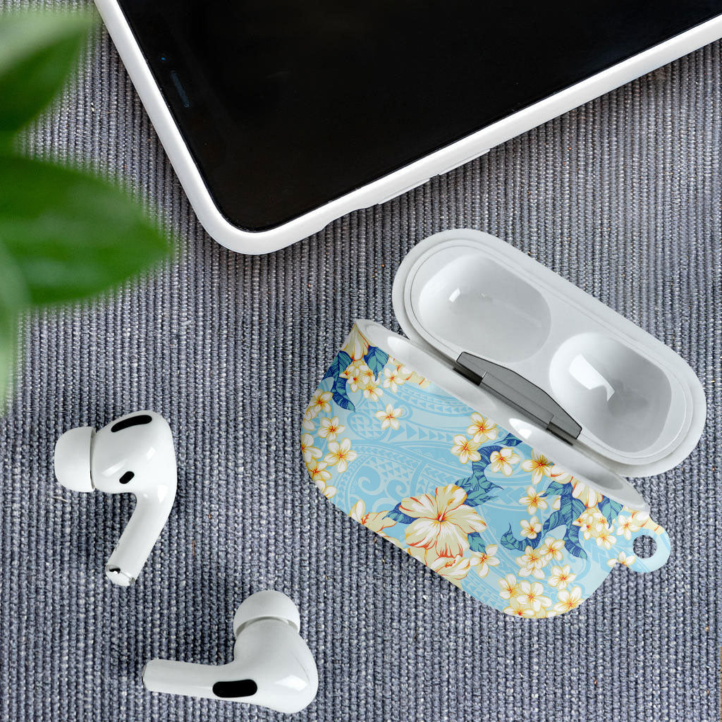Hawaii Hibiscus Plumeria Blue AirPods Case Polynesian Pattern