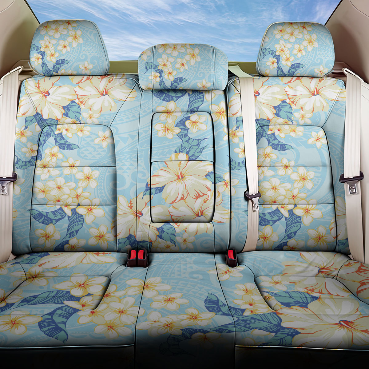 Hawaii Hibiscus Plumeria Blue Back Car Seat Cover Polynesian Pattern