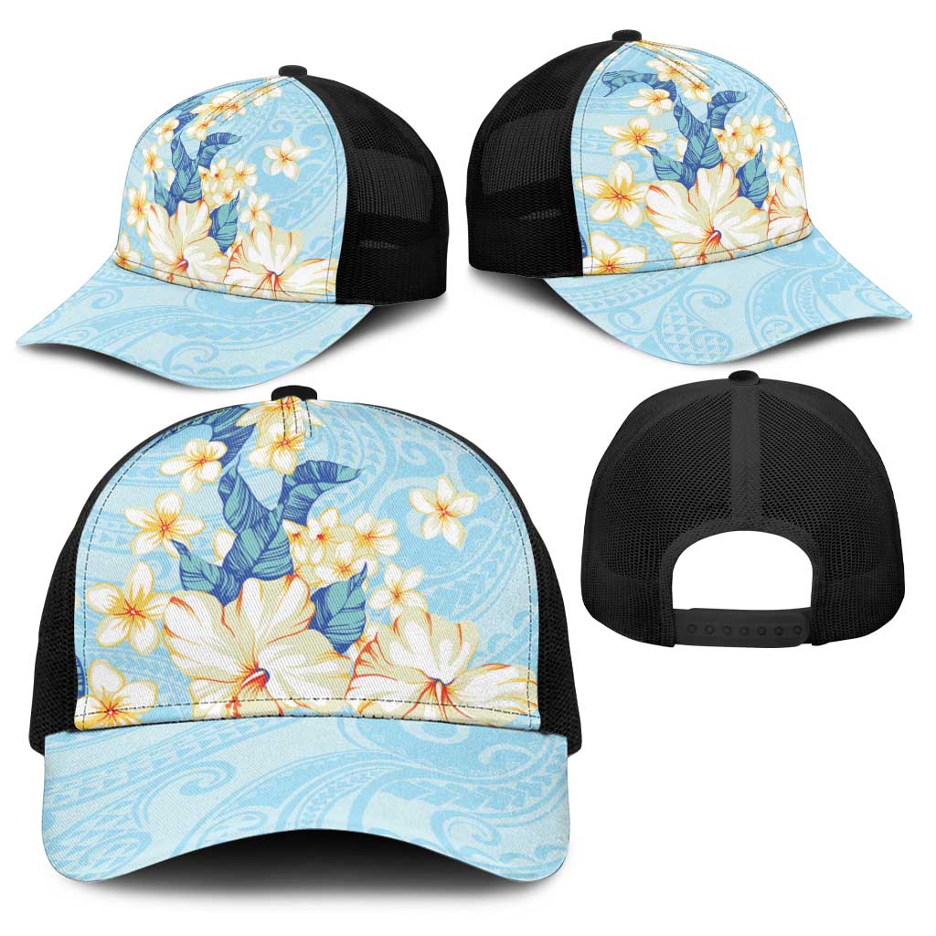 Hawaii Hibiscus Plumeria Blue Baseball Net Cap Polynesian Pattern
