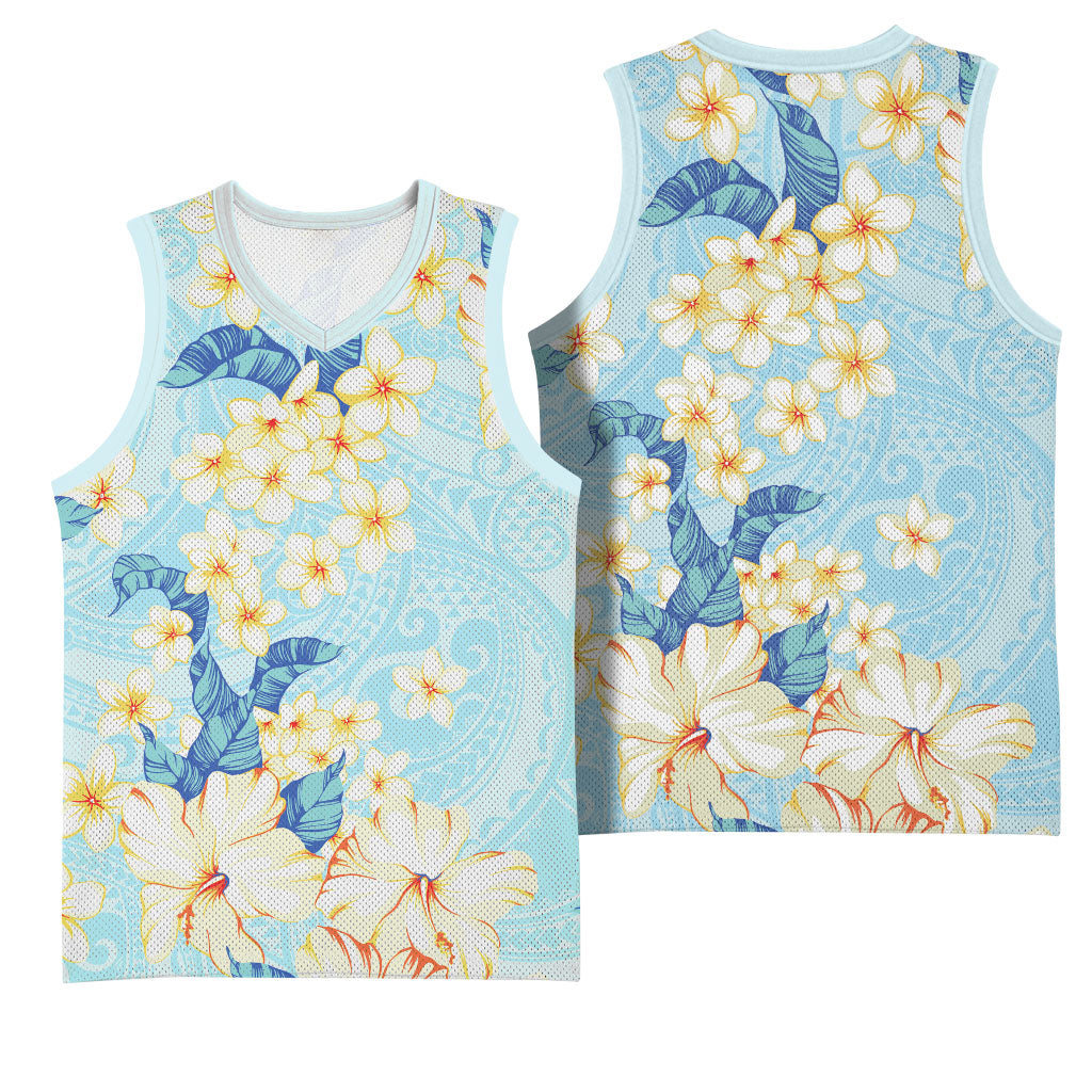 Hawaii Hibiscus Plumeria Blue Basketball Jersey Polynesian Pattern