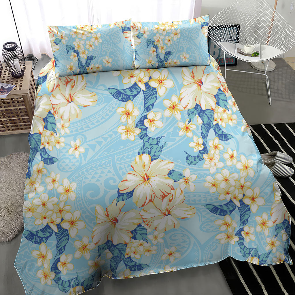 Hawaii Hibiscus Plumeria Blue Bedding Set Polynesian Pattern