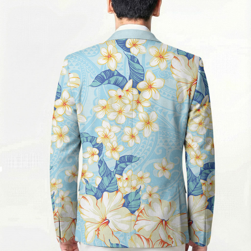 Hawaii Hibiscus Plumeria Blue Blazer Polynesian Pattern