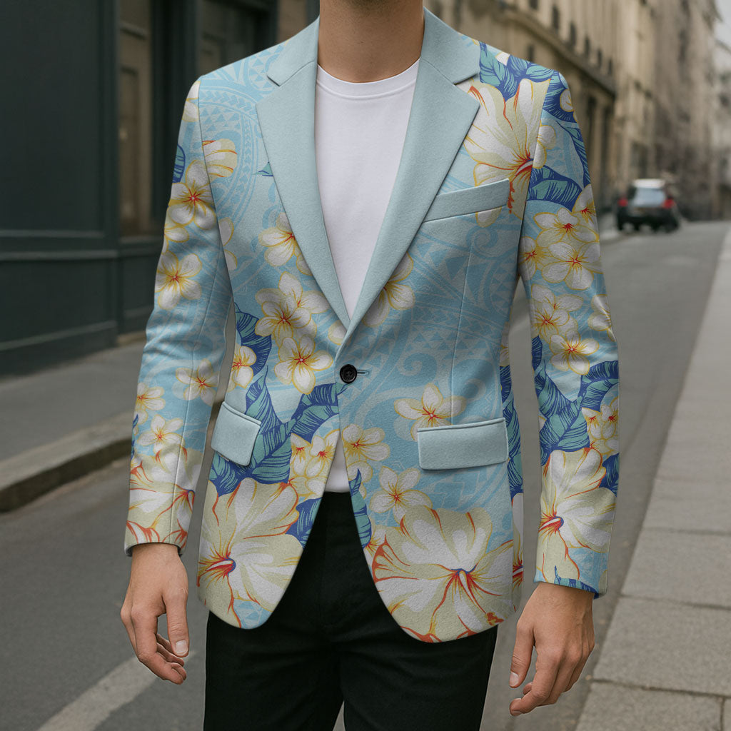 Hawaii Hibiscus Plumeria Blue Blazer Polynesian Pattern