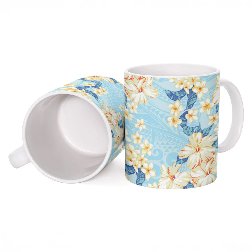Hawaii Hibiscus Plumeria Blue Ceramic Mug Polynesian Pattern
