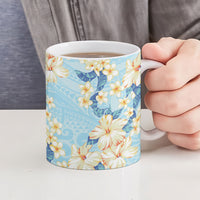 Hawaii Hibiscus Plumeria Blue Ceramic Mug Polynesian Pattern