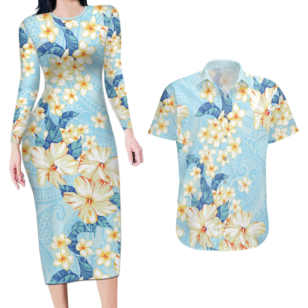 Hawaii Hibiscus Plumeria Blue Couples Matching Long Sleeve Bodycon Dress and Hawaiian Shirt Polynesian Pattern