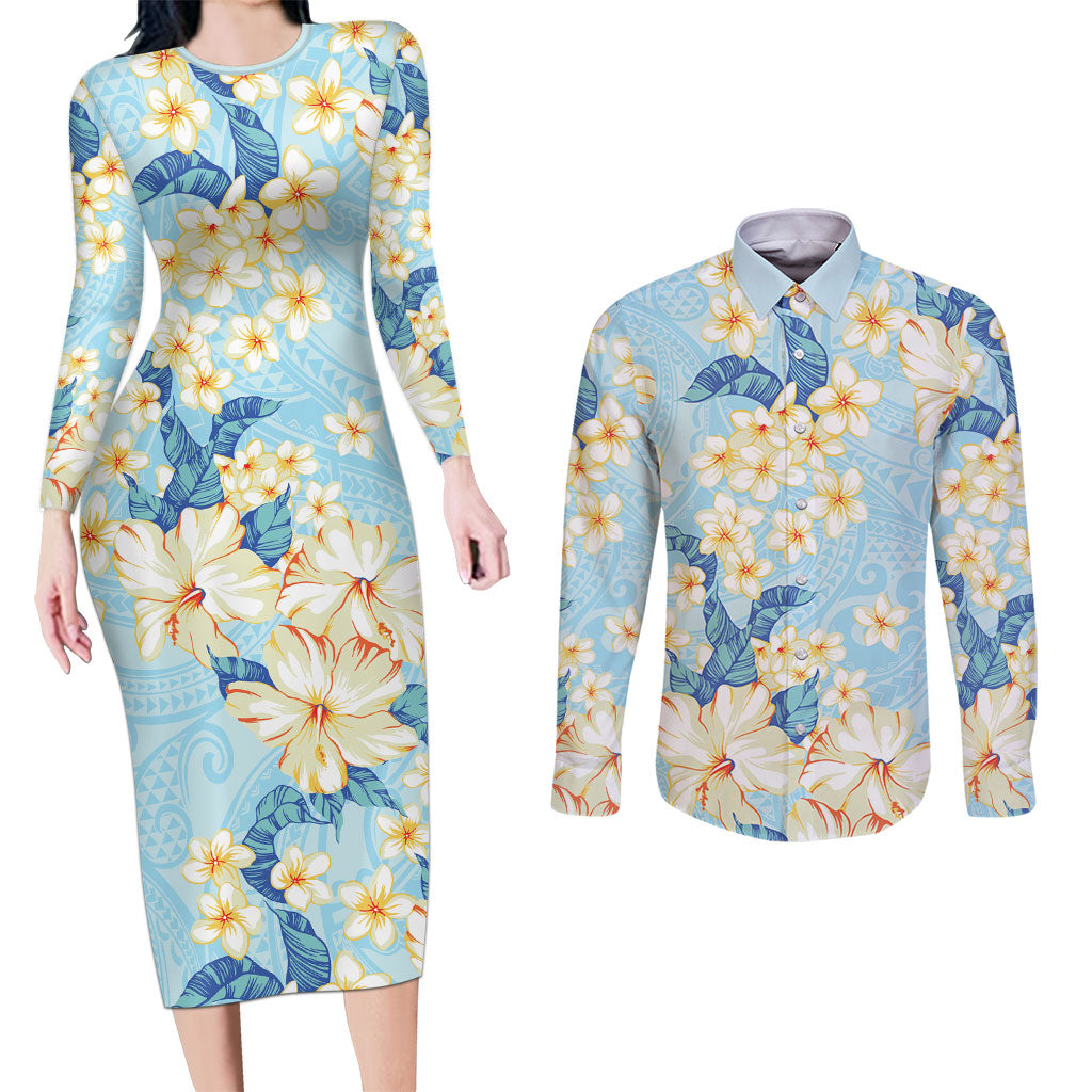 Hawaii Hibiscus Plumeria Blue Couples Matching Long Sleeve Bodycon Dress and Long Sleeve Button Shirt Polynesian Pattern LT01 Blue - Polynesian Pride
