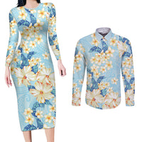 Hawaii Hibiscus Plumeria Blue Couples Matching Long Sleeve Bodycon Dress and Long Sleeve Button Shirt Polynesian Pattern LT01 Blue - Polynesian Pride