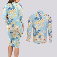 Hawaii Hibiscus Plumeria Blue Couples Matching Long Sleeve Bodycon Dress and Long Sleeve Button Shirt Polynesian Pattern LT01 - Polynesian Pride