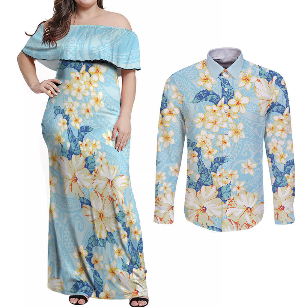 Hawaii Hibiscus Plumeria Blue Couples Matching Off Shoulder Maxi Dress and Long Sleeve Button Shirt Polynesian Pattern