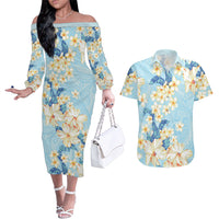 Hawaii Hibiscus Plumeria Blue Couples Matching Off The Shoulder Long Sleeve Dress and Hawaiian Shirt Polynesian Pattern