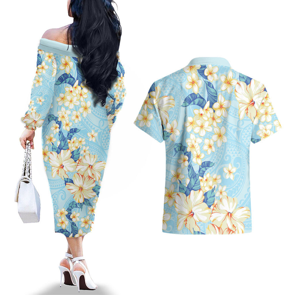 Hawaii Hibiscus Plumeria Blue Couples Matching Off The Shoulder Long Sleeve Dress and Hawaiian Shirt Polynesian Pattern