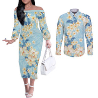 Hawaii Hibiscus Plumeria Blue Couples Matching Off The Shoulder Long Sleeve Dress and Long Sleeve Button Shirt Polynesian Pattern